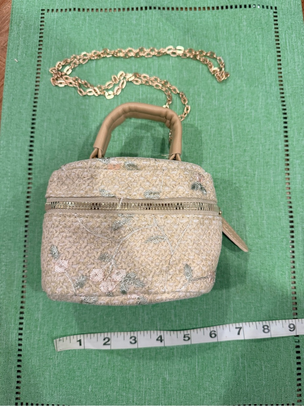 Beige Floral Embroidered Top-Handle Crossbody Bag